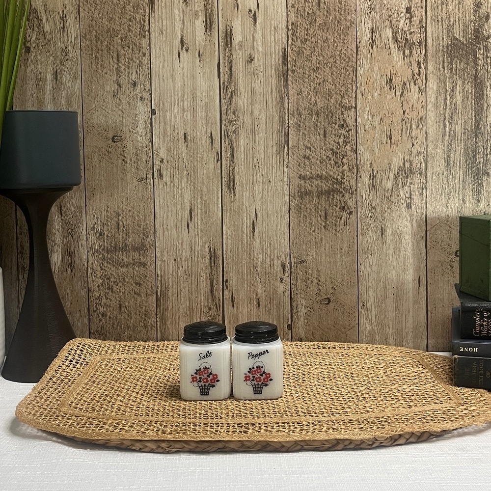 Vintage White Glass Salt and Pepper Set Cottage Farmhouse Floral